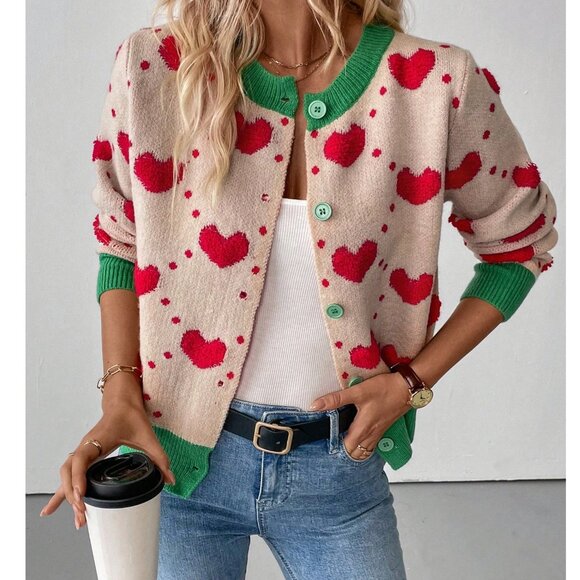 posh chronicles Sweaters - Just in ♥️ | Euro Style Jacquard Heart Pattern Loose Knit Cardigan